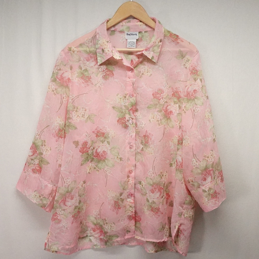Floral Sheer Top Womens Large Pink Button Front Chiffon Romantic Fairy